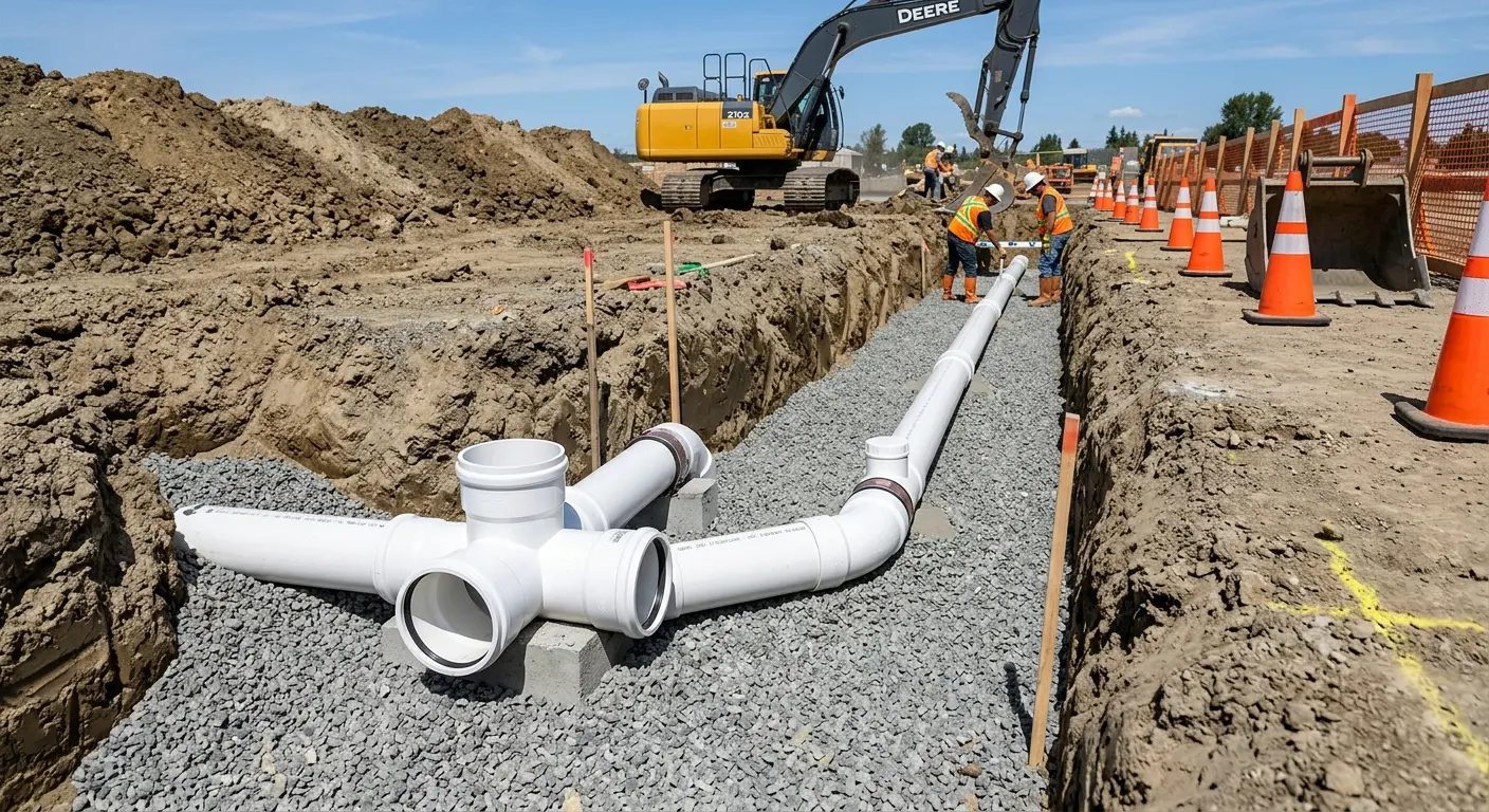 New PVC sewer pipe installation in open trench for Commercial Drain Cleaning in Gages Lake