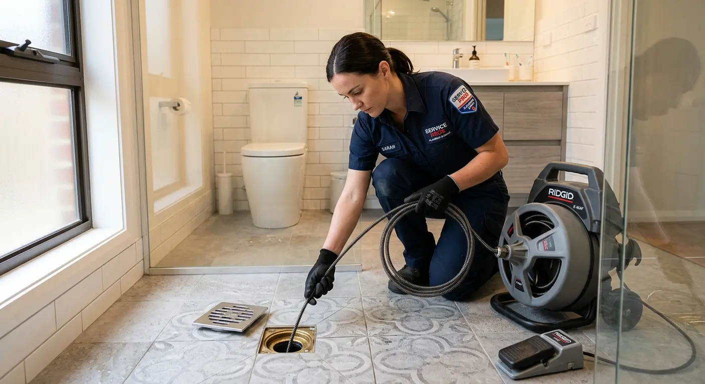 Technician clearing a bathroom floor drain for Drain Cleaning in Gages Lake